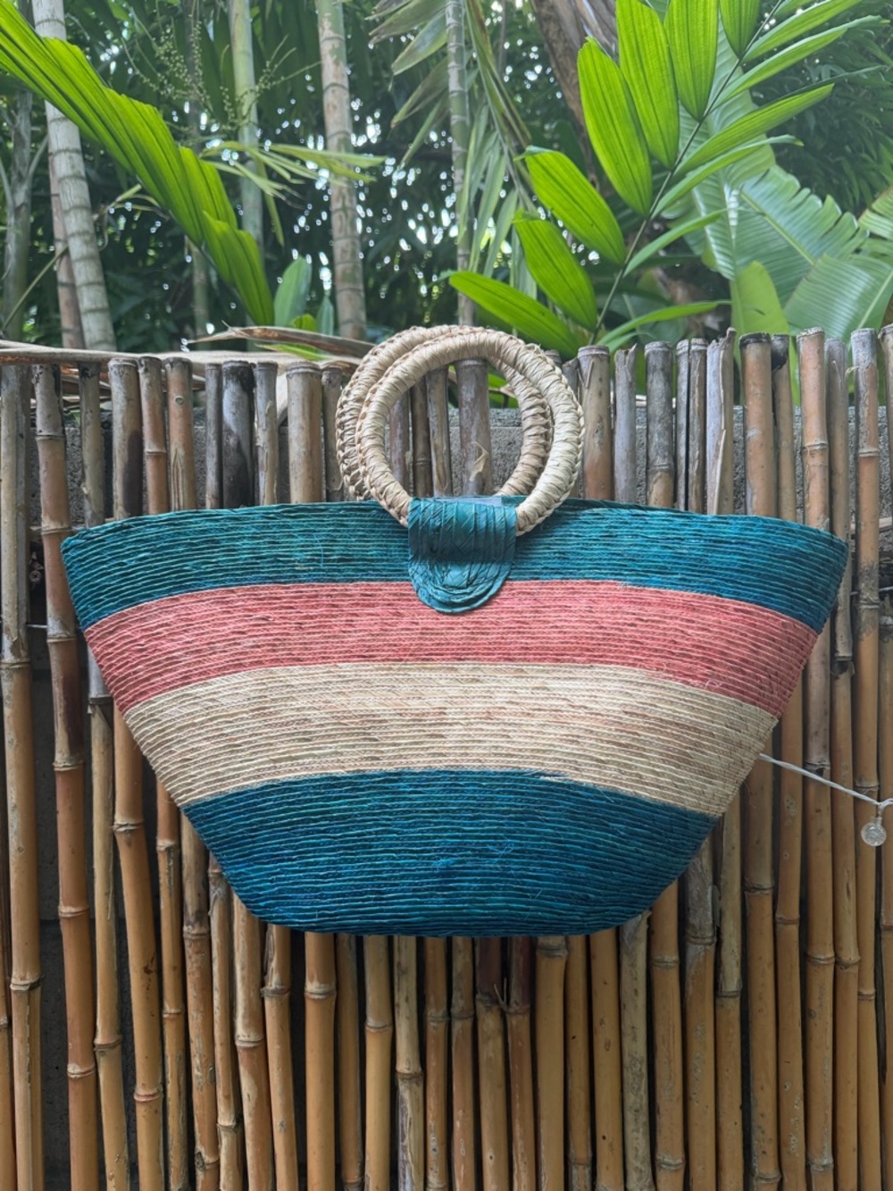 Palm Leaf Straw Handwoven Striped Market Beach Pool Tote Bag Circle Handle - Picture 3 of 5